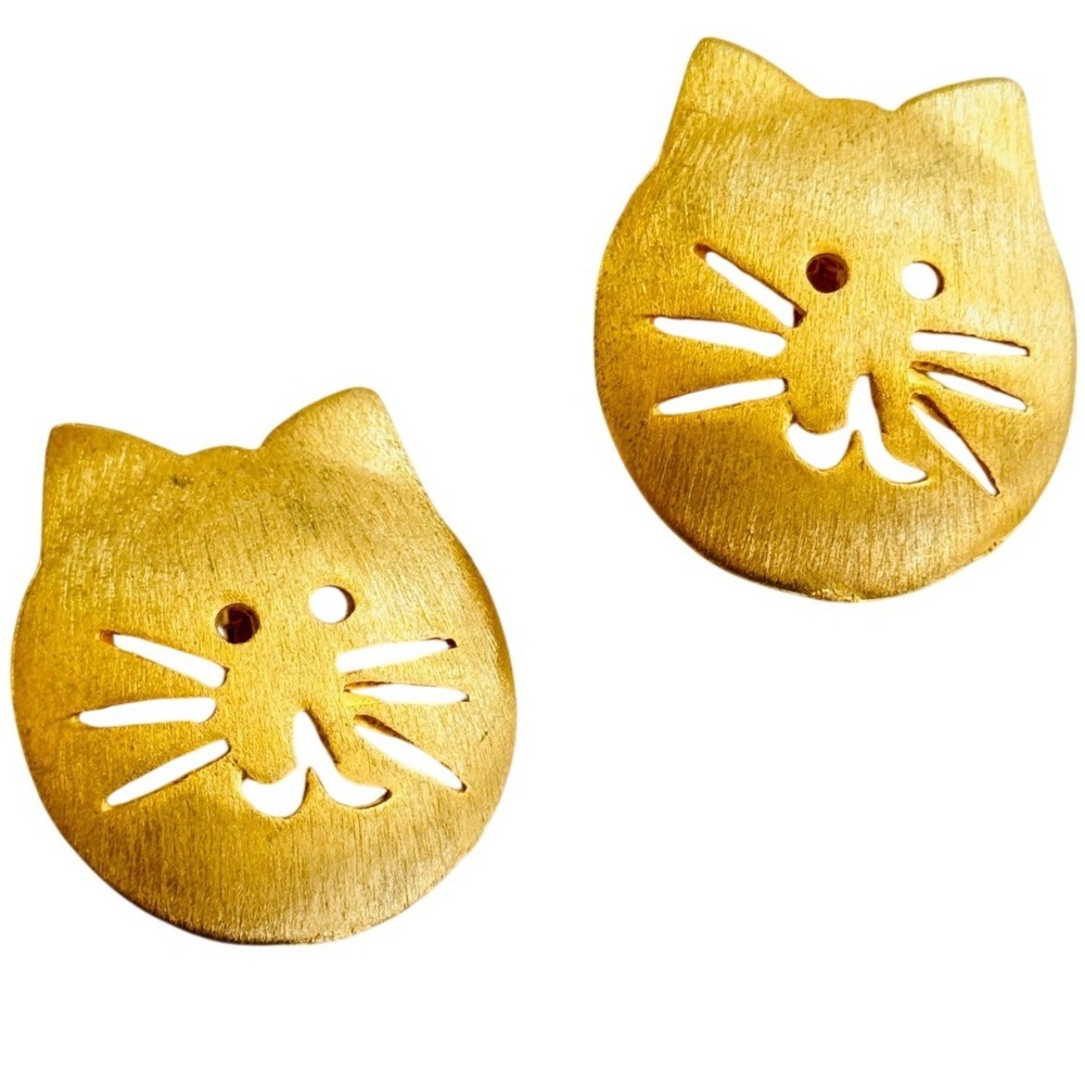 VTG Happy Cat Kitty Clip Earrings Statement Figural brushed Gold Tone Chunky 80s